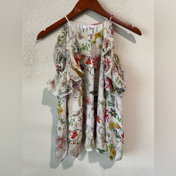 Parker Womens White Floral Silk long sleeve Cold
Shoulder Blouse - Picture 2 of 6